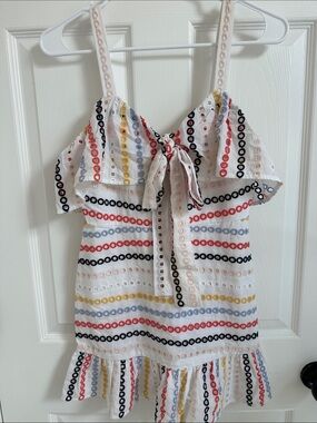 Lovers + Friends White Mini Dress with Multicolor Eyelet Stripes